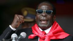 Robert Mugabe, wearing a bright red scarf and sunglasses, raises a fist