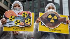 韓國環保活動人士在首爾日本大使館外舉起象徵海鮮受核輻射污染的抗議標語牌（13/4/2021）