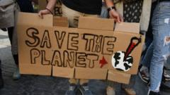 A man is seen holding a placard reading 'Save the planet' during the protest