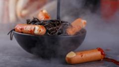 Миска с черными макаронами и сосисками, выглядящами, как окровавленные отрубленные пальцы