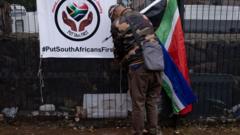 A member of the anti-foreigners movement so-called 'Operation Dudula' ties a banner to a gate during a gathering at a park in Hillbrow, Johannesburg on February 19, 2022.