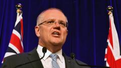 Prime Minister Scott Morrison giving a speech in front of Australian flags