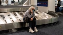 A traveler sits in baggage claim at LaGuardia Airport in New York, on December 24, 2021