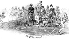 An engraving of the final round of a tennis match at Wimbledon, 1879