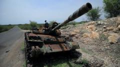 tank damaged during the fighting between Ethiopia"s National Defense Force (ENDF) and Tigray Special Forces