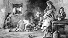 Getty Images Black and white illustration showing a family's hut. All emaciated. Child on the far left, lethargic, sitting leaning against the wall. Girl in the middle trying to get a scrap of drink. Mother holding her baby looking anxious. Elderly woman behind her seated, hand on her chin looking weary