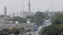 A general view from December 2021 shows a deserted street in front of the presidential palace in Mogadishu