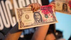 Protesto com nota falsa de dólar e manchada de sangue falso