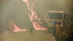 Firefighters dey work to quench one forest fire in Alvendre, near Guarda, Portugal, 18 July 2022