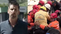 Split image Dan Johnson on left, rescuers on right