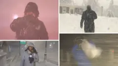 A screen spit in four with four reporters standing in snowy conditions with winter coats on.
