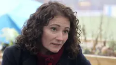 Angeliki Stogia, a woman with long curly brown hair, leans forward to make a point
