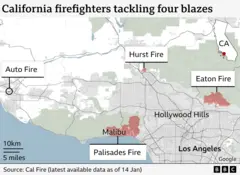 The map shows the locations of four fires burning in southern California - the Auto, Hurst, Eaton and Palisades fires - north and northwest of downtown Los Angeles