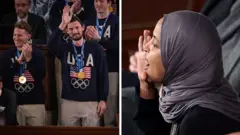 Split screen showing - Men in sweaters with the letters 'USA' and an American flag wave and clap while donning gold medals; and Ilhan Omar shouting with her hand raised to her mouth.