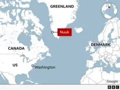 A map shows where Greenland is in the world - with its capital city Nuuk, Canada, the US and Denmark also pinpointed.