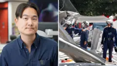 A man in a blue shirt is seen on the left. On the right, workers in hard hats dig through rubble.