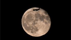 A passenger plane flying over the full moon before landing at San Francisco International Airport is photographed from Burlingame in California, United States on August 2, 2023.