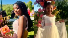 A composite image shows Natalie and Nala smiling during an outdoor wedding