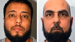 GMP police captured photographs of Walid Saadaoui and Amr Hussein, who are both wearing gray T-shirts. Walid Saadaoui has short black hair and a dark beard. Hussein is bald and has a short dark beard