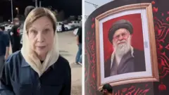 On the left, Lyse Doucet wear a dark jacket. On the right, an image of Iran's former supreme leader.