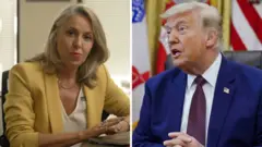 Split screen of a woman in a yellow blazer at a desk and a man in a blue blazer with flags behind him.