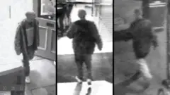 A side-by-side comparison of CCTV images, showing on the left two confirmed images of Omar Benguit earlier on the night of the murder, showing a man with a shaven head and a long coat with a hood, and an image of the man leaving the phone box on Charminster Road, who has a similar build, appearance and clothing.