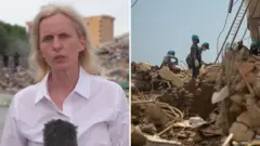 Composite image of BBC's Orla Guerin and workers combing through rubble.