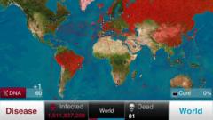 Tela do jogo Plague Inc. mostra mapa mundial com quadros como 'infectados' e 'mortos'