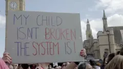 A sign being held up amongst a crowd in front of the Palace of Westminster. Big Ben can be seen in the background.
The sign reads: My child isn't broken the system is!