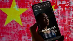 The homepage of the Chinese AI video generation model Seedance 2.0 displayed on a mobile phone, which is held in front of a background with China's flag