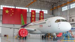 Commercial Aircraft Corporation of China (COMAC) C919 narrow-body airliner is on display during the 2021 China Aviation Industry Conference And Nanchang Air Show on October 30, 2021 in Nanchang, Jiangxi Province of China