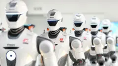 A row of humanoid robots are on display after rolling off the production line at a production facility in China