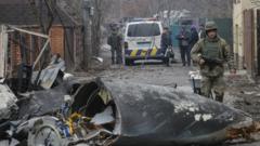 烏克蘭基輔某處一位士兵走過前夜被擊落的軍機殘骸（25/2/2022）