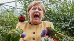 Chancellor Angela Merkel feeds Australian lorises at Marlow Bird Park, Germany, on 23 September 2021