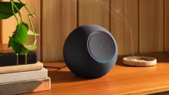 A spherical black Amazon Echo speaker on a table with a houseplant next to it