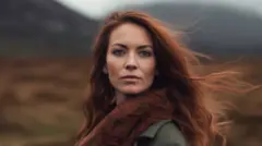 An AI-generated image of the imagined woman behind the synthetic voice used on ScotRail trains. The woman has long, red hair and is wearing a brown scarf and a green coat. She is standing against a blurred background that looks like the Scottish outdoors with the shadow of mountains and moorland.