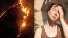 Two images side by side. On the left an image of a wild fire and on the right one of a woman mopping her brow