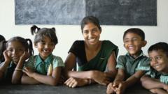 Portrait of Teacher with children in Sri Lankan Primary School.