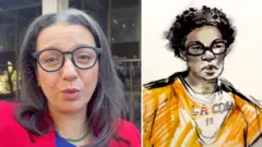 A woman with black glasses and a red jacket speaks on the left, with a courtroom sketch of a man in orange is seen on the right.