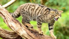 A wildcat yowls standing on a branch