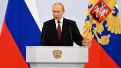 Russian President Vladimir Putin delivers a speech during a ceremony to declare the annexation of the Russian-controlled territories of four Ukraine's Donetsk, Luhansk, Kherson and Zaporizhzhia regions