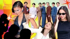 Celebrities including Zendaya and Olivia Rodrigo on graphic background 