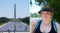 Split screen. Left, the Washington monument with the Reflecting pool. Right, a woman is pictured.