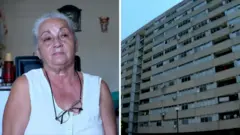 Split screen. Left, Ana Rosa Romero is pictured. Right, a high-rise building is seen.