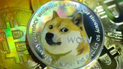 In this photo illustration, visual representations of digital cryptocurrencies, Dogecoin and Bitcoin are arranged.
