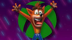Crash Bandicoot in front of a Xbox sign.