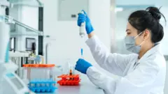 A laboratory setting with a person in a white lab coat working at a bench. The person is wearing protective gloves and a face mask while carefully using a pipette to transfer liquid into a small test tube. Several racks of test tubes with coloured liquids are arranged neatly on the work surface in the foreground. Scientific equipment and shelves are visible in the background, suggesting a clean and organised workspace