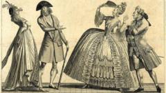 "¡Ah, qué antigüedad!", dicen los de la izquierda. "¡Oh, qué locura esa novedad!", dicen los de la derecha, en esta ilustración satírica de Alexis Chataignier (1797).