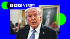 US President Donald Trump looking in the direction of a camera. There is BBC Verify branding on the top left.