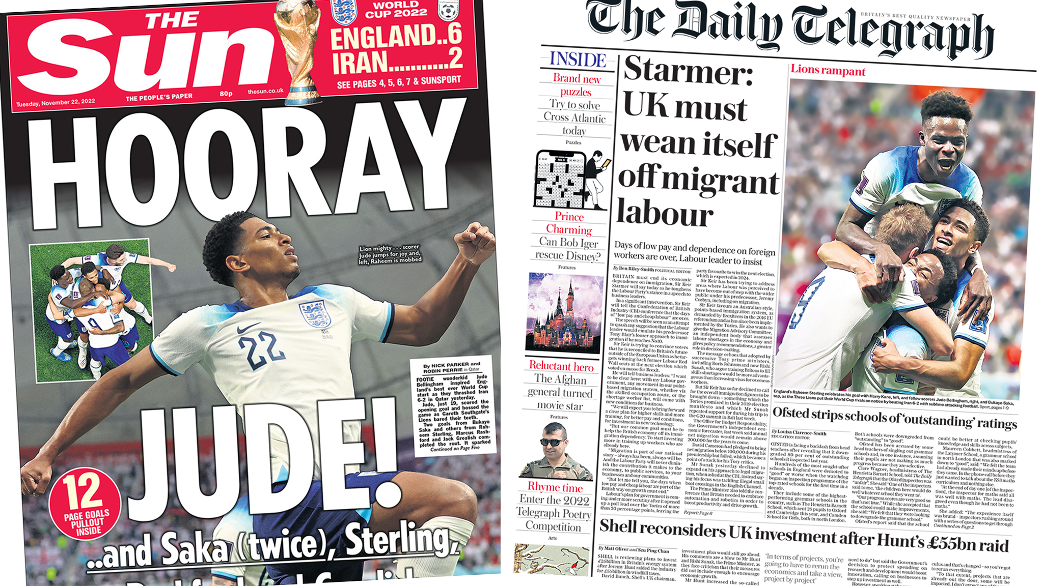 The headline in the Sun reads, "Hooray Jude! And Saka (twice), Sterling, Rashford and Grealish", while the headline in the Telegraph reads, "Starmer: UK must wean itself off migrant labour"